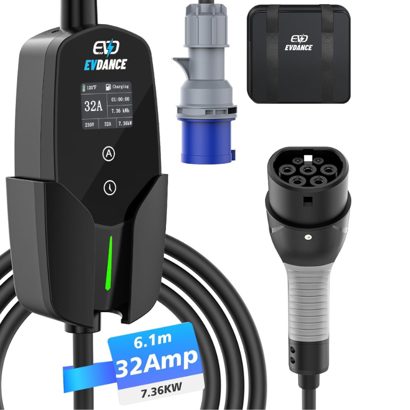 Portable Ev Charger 32A Type 2 Cee Plug - EVDANCE-Carregador de Carro Elétrico com Display