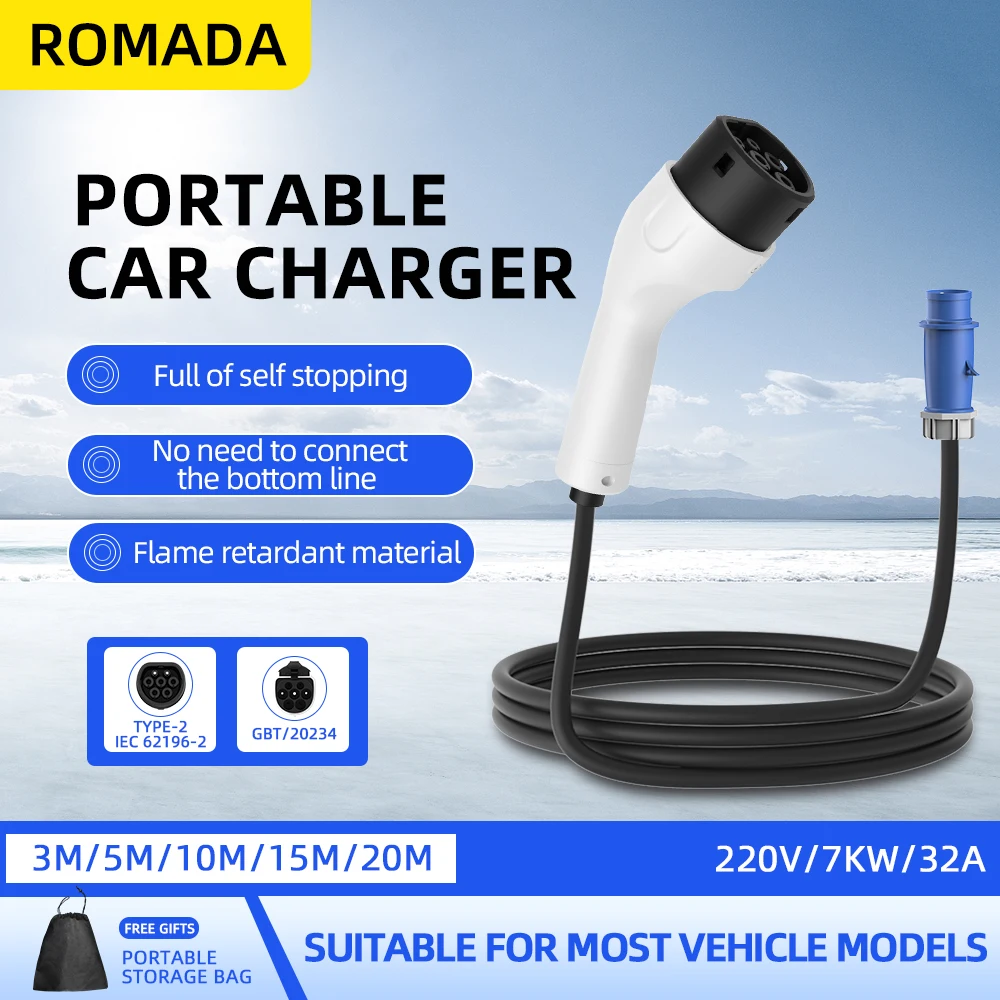 Romada type2 IEC62196-2 para v - Portable Ev Charger 32A Type 2 Cee Plug avaliação e preço